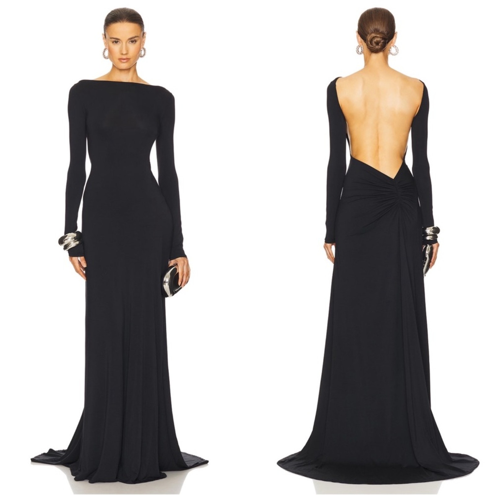 Helsa Heidi Long Sleeve Open Back Ruched Black Maxi Dress Size Xl